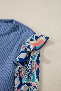 Best Dear-Lover Ruffled Floral Sleeve Patchwork Waffle Knit O Neck Blouse Ashleigh Blue