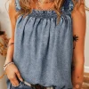 Hot Dear-Lover Ruffled Shirred Neckline Sleeveless Denim Tank Top Ashleigh Blue