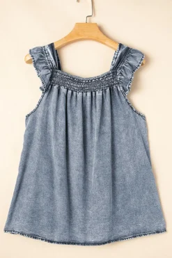 Hot Dear-Lover Ruffled Shirred Neckline Sleeveless Denim Tank Top Ashleigh Blue