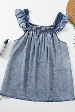 Hot Dear-Lover Ruffled Shirred Neckline Sleeveless Denim Tank Top Ashleigh Blue