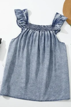 Hot Dear-Lover Ruffled Shirred Neckline Sleeveless Denim Tank Top Ashleigh Blue