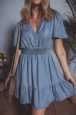 Best Dear-Lover Ruffled V Neck Smocked High Waist Denim Mini Dress Ashleigh Blue
