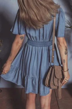 Best Dear-Lover Ruffled V Neck Smocked High Waist Denim Mini Dress Ashleigh Blue