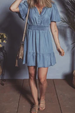 Best Dear-Lover Ruffled V Neck Smocked High Waist Denim Mini Dress Ashleigh Blue