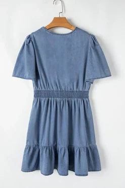 Best Dear-Lover Ruffled V Neck Smocked High Waist Denim Mini Dress Ashleigh Blue