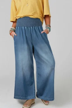 Sale Dear-Lover Smocked Waist Wide Leg Jeans Ashleigh Blue