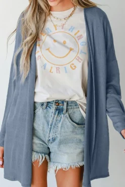 Hot Dear-Lover Solid Color Rib Knit Open Front Tunic Cardigan Ashleigh Blue