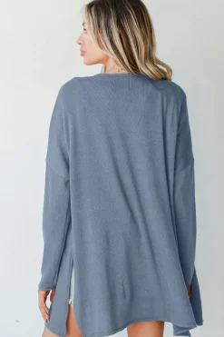 Hot Dear-Lover Solid Color Rib Knit Open Front Tunic Cardigan Ashleigh Blue