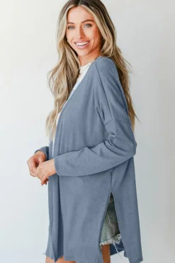 Hot Dear-Lover Solid Color Rib Knit Open Front Tunic Cardigan Ashleigh Blue