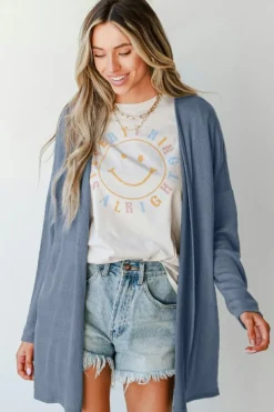 Hot Dear-Lover Solid Color Rib Knit Open Front Tunic Cardigan Ashleigh Blue