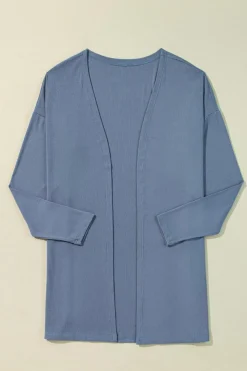 Hot Dear-Lover Solid Color Rib Knit Open Front Tunic Cardigan Ashleigh Blue