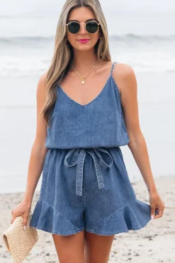 Clearance Dear-Lover Spaghetti Straps V Neck Belted Ruffled Leg Chambray Romper Ashleigh Blue