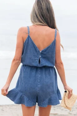 Clearance Dear-Lover Spaghetti Straps V Neck Belted Ruffled Leg Chambray Romper Ashleigh Blue