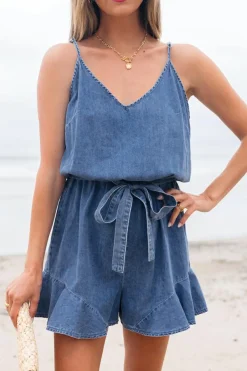 Clearance Dear-Lover Spaghetti Straps V Neck Belted Ruffled Leg Chambray Romper Ashleigh Blue