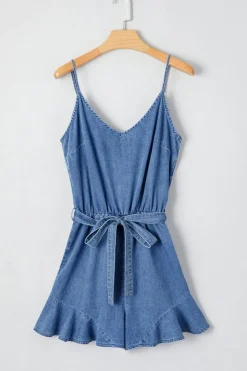 Clearance Dear-Lover Spaghetti Straps V Neck Belted Ruffled Leg Chambray Romper Ashleigh Blue