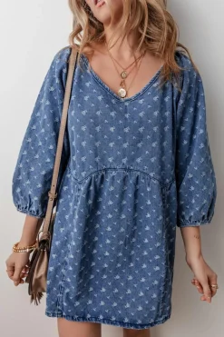 Online Dear-Lover Textured Open Back Loose Fit Denim Dress Ashleigh Blue