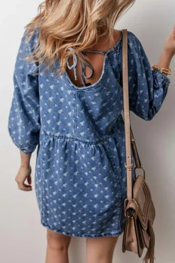 Online Dear-Lover Textured Open Back Loose Fit Denim Dress Ashleigh Blue