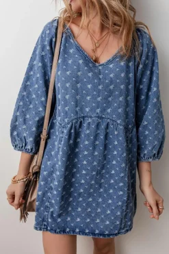 Online Dear-Lover Textured Open Back Loose Fit Denim Dress Ashleigh Blue