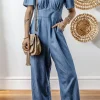 Online Dear-Lover V Neck Short Sleeve Smocked Back Denim Loose Jumpsuit Ashleigh Blue