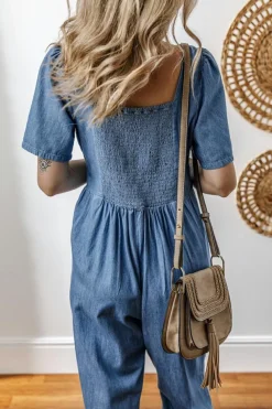 Online Dear-Lover V Neck Short Sleeve Smocked Back Denim Loose Jumpsuit Ashleigh Blue