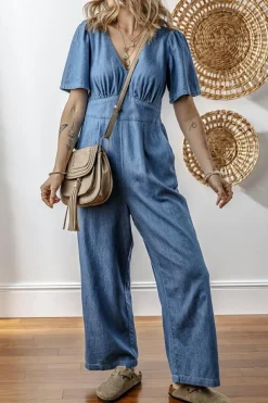 Online Dear-Lover V Neck Short Sleeve Smocked Back Denim Loose Jumpsuit Ashleigh Blue