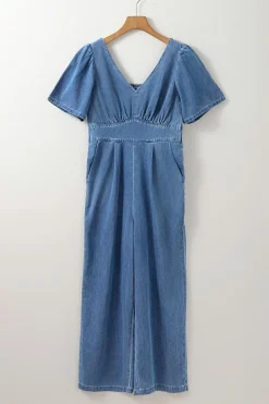 Online Dear-Lover V Neck Short Sleeve Smocked Back Denim Loose Jumpsuit Ashleigh Blue
