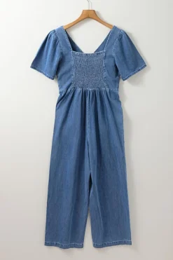 Online Dear-Lover V Neck Short Sleeve Smocked Back Denim Loose Jumpsuit Ashleigh Blue