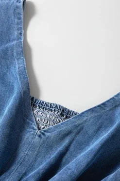Online Dear-Lover V Neck Short Sleeve Smocked Back Denim Loose Jumpsuit Ashleigh Blue