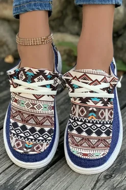 Hot Dear-Lover Vintage Aztec Patchwork Lace-up Decor Flat Shoes Ashleigh Blue