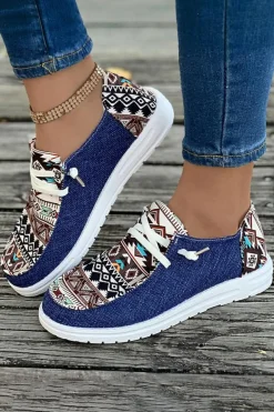 Hot Dear-Lover Vintage Aztec Patchwork Lace-up Decor Flat Shoes Ashleigh Blue