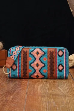Fashion Dear-Lover Western Aztec Print PU Leather Wristlet Wallet Ashleigh Blue