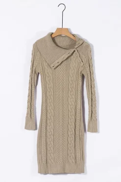 Hot Dear-Lover Asymmetric Buttoned Collar Bodycon Sweater Dress Apricot