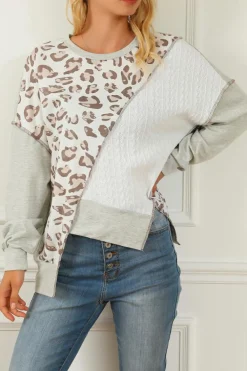 Best Dear-Lover Asymmetrical Texture Splicing Loose Sweatshirt Leopard