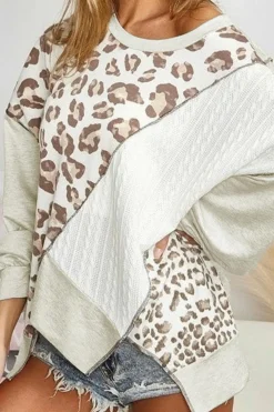 Best Dear-Lover Asymmetrical Texture Splicing Loose Sweatshirt Leopard