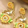 Discount Dear-Lover Enamel Sunflower Gold Plated Chaining Earrings Banana Cream