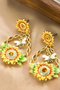 Discount Dear-Lover Enamel Sunflower Gold Plated Chaining Earrings Banana Cream