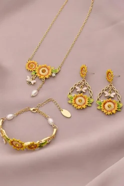 Discount Dear-Lover Enamel Sunflower Gold Plated Chaining Earrings Banana Cream