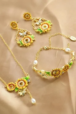Discount Dear-Lover Enamel Sunflower Gold Plated Chaining Earrings Banana Cream