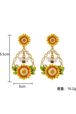 Discount Dear-Lover Enamel Sunflower Gold Plated Chaining Earrings Banana Cream