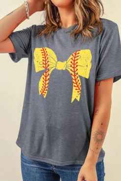 Discount Dear-Lover Baseball Bowknot Graphic Casual Tee Gray-2