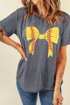 Discount Dear-Lover Baseball Bowknot Graphic Casual Tee Gray-2