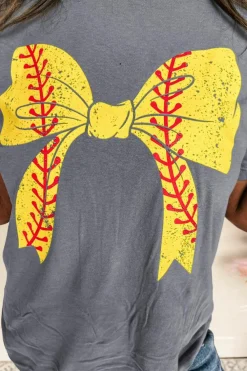 Discount Dear-Lover Baseball Bowknot Graphic Casual Tee Gray-2