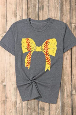 Discount Dear-Lover Baseball Bowknot Graphic Casual Tee Gray-2