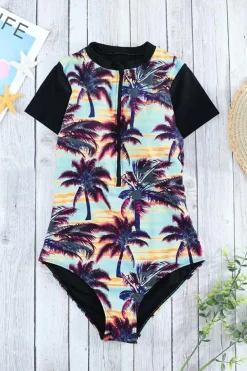 Outlet Dear-Lover Beach Sunset Zip Front Half Sleeve One Piece Swimsuit Black