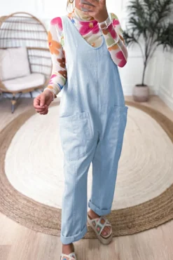 Discount Dear-Lover Adjustable Strap V Neck Pocketed Denim Overalls Beau Blue