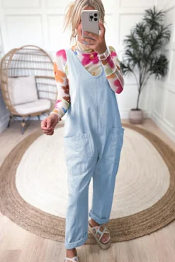 Discount Dear-Lover Adjustable Strap V Neck Pocketed Denim Overalls Beau Blue