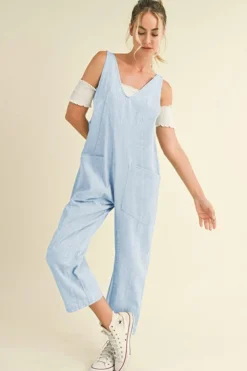 Discount Dear-Lover Adjustable Strap V Neck Pocketed Denim Overalls Beau Blue