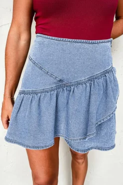 Clearance Dear-Lover Asymmetric Ruffle Overlay Denim Mini Skirt Beau Blue