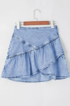 Clearance Dear-Lover Asymmetric Ruffle Overlay Denim Mini Skirt Beau Blue