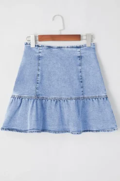 Clearance Dear-Lover Asymmetric Ruffle Overlay Denim Mini Skirt Beau Blue